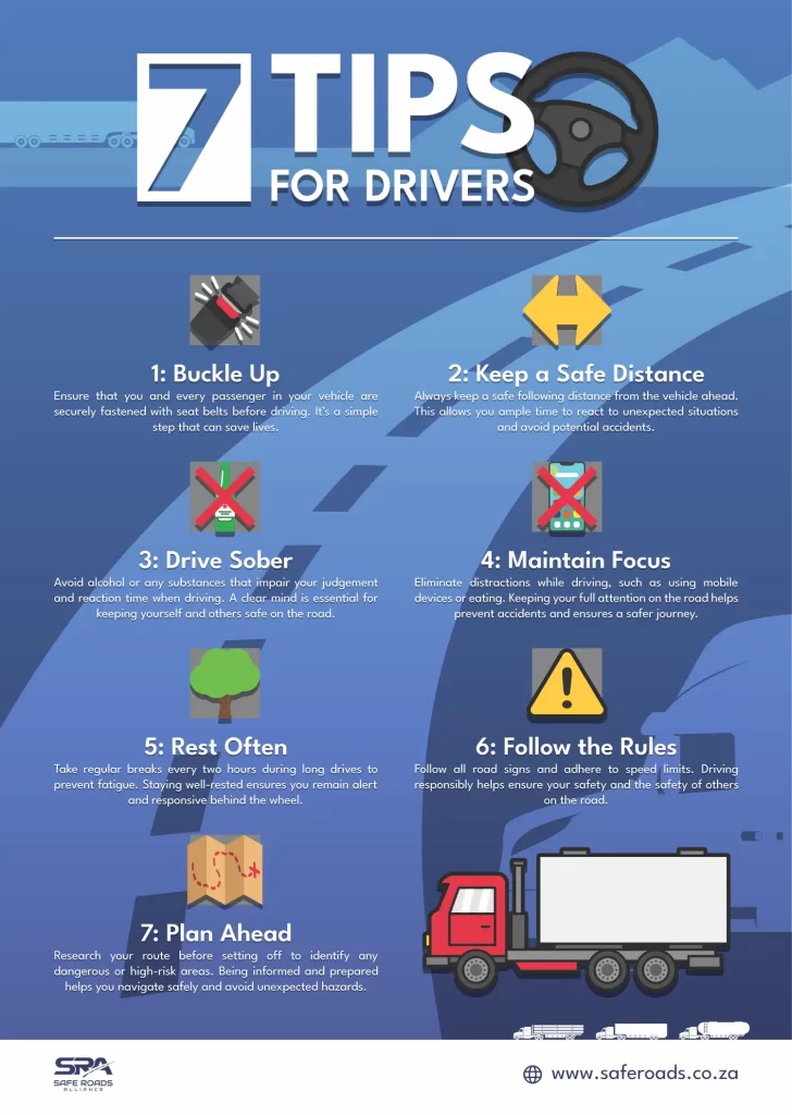 Discover 7 essential road safety tips for drivers in South Africa. Learn how to drive safer by buckling up, avoiding distractions, keeping a safe following distance, resting often, and planning ahead.